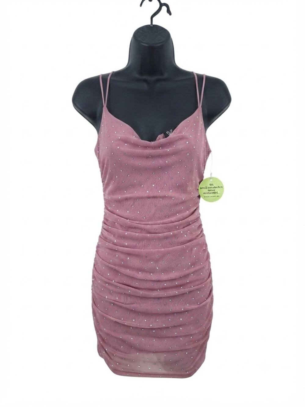 Windsor NWT Mauve Pink Rhinestone Mesh Mini Dress Ruched Bodycon Party Large L